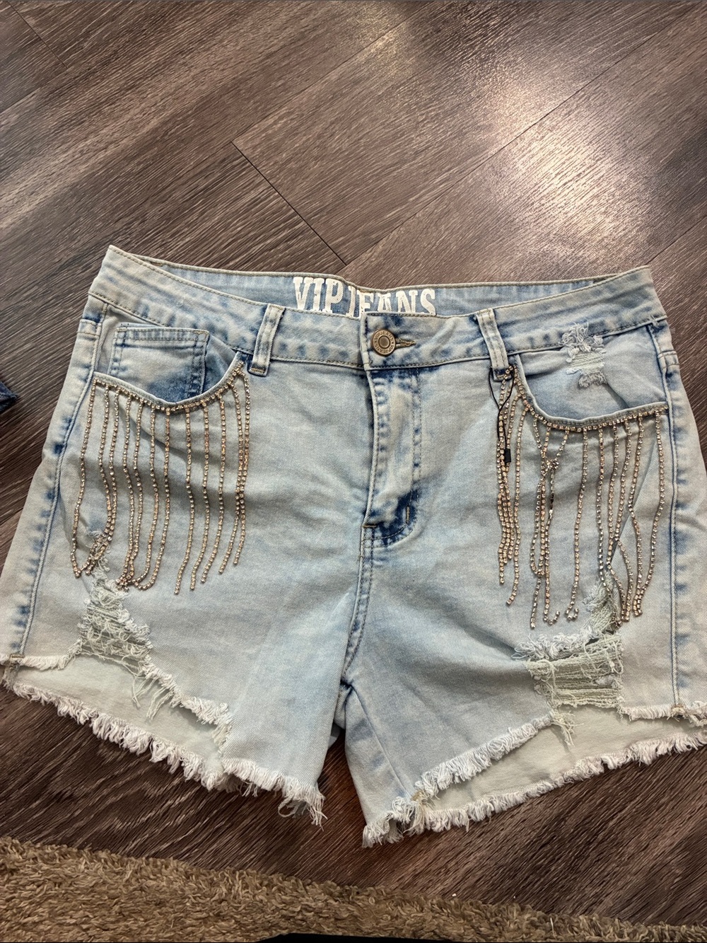 VIP Light Wash Denim Shorts with Rhinestone Chain Fringe